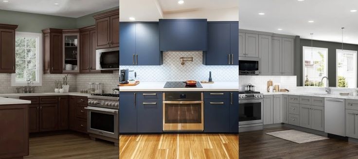 a kitchen with wood floors and blue cabinets in the center is an open floor plan