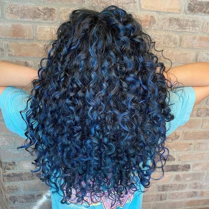 Blue Brown Hair, Blue Hair Highlights, Dark Curly Hair, Dyed Curly Hair, Blue Ombre Hair, Highlights Curly Hair, Dark Blue Hair, Brown Curly Hair, Ladies Hair