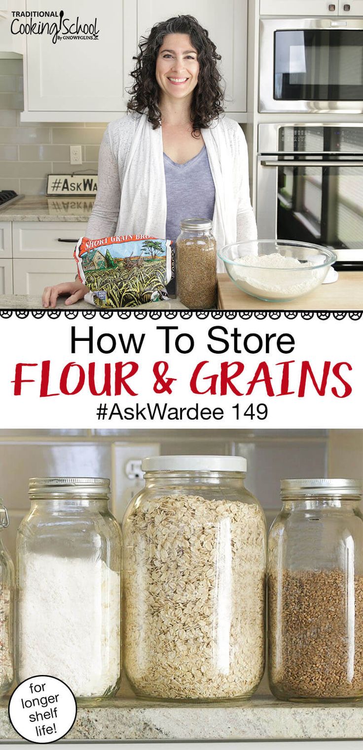 a woman standing in front of four jars filled with flour and grains, next to the words how to store flour & grains