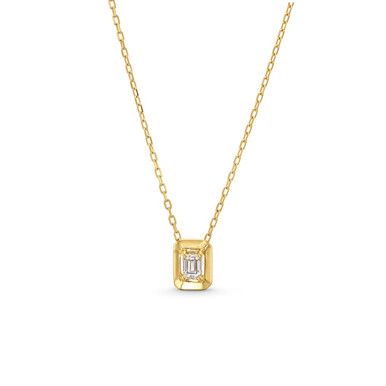 This Emerald Gold Frame Solitaire Pendant Necklace features an emerald cut diamond totaling approximately 0.21 carats framed in 18K yellow gold. Elegant Gold Emerald Necklace With Brilliant Cut, 14k Gold Emerald Cut Solitaire Necklace, Formal Emerald Cut Diamond Necklace, 14k Gold Solitaire Necklace With Emerald Cut Diamond, 14k Gold Necklace With Emerald Cut Diamond Accents, Timeless 14k Gold Emerald-cut Necklace, Radiant Cut Baguette Diamond Gold Jewelry, Formal Gold Emerald Necklace With Single Cut Diamonds, Luxury 14k Gold Emerald Cut Diamond Necklace