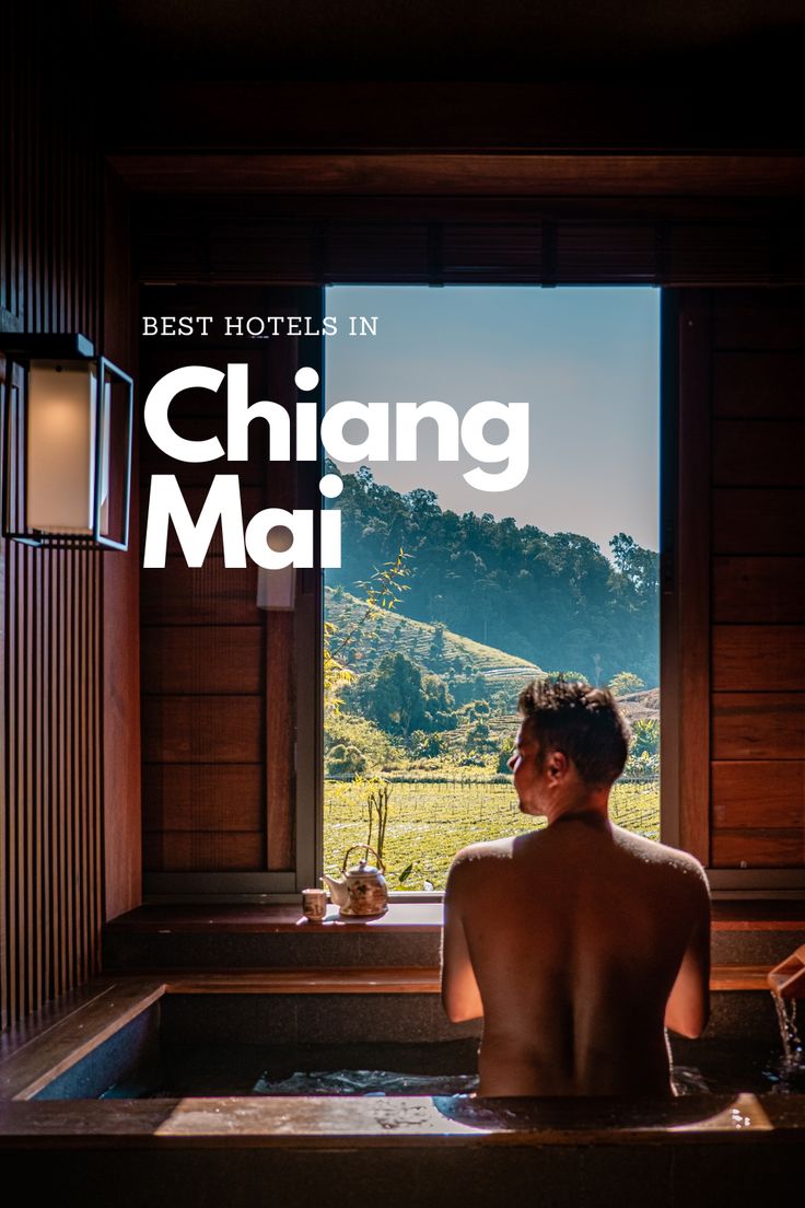 a woman sitting in a bathtub with the words best hotel in chiang mai