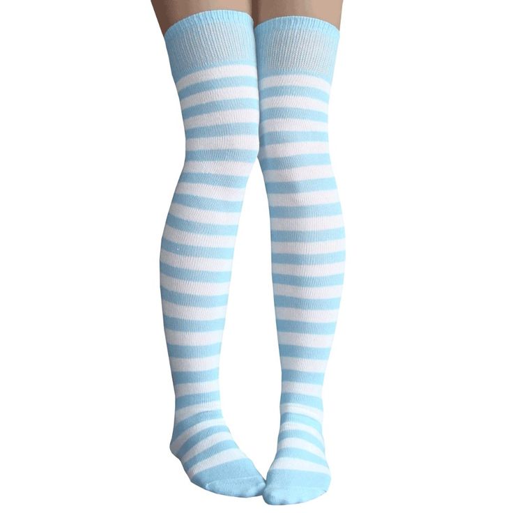 Innocent And Playful, These Light Blue And White Striped Socks Are A Treat. Made In Usa Size: Women's 7-11 Material: 80% Cotton, 20% Nylon & Elastic Length: 32” - 34” Before Stretched Striped Thigh Highs, White Thigh High Socks, Socks Photography, White Thigh Highs, Striped Thigh High Socks, Striped Gloves, Striped Knee High Socks, Blue Stockings, Blue Tights