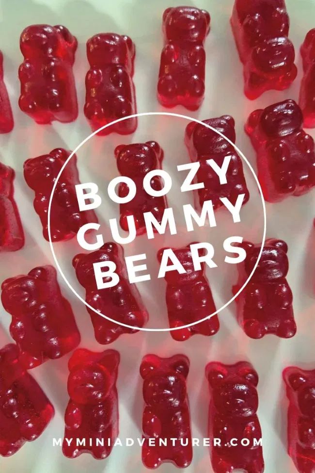 the words boozy gummy bears are overlaid by red gummy bears