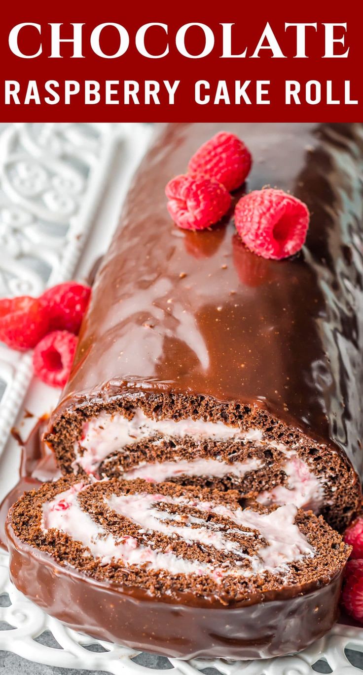 a chocolate raspberry cake roll on a plate