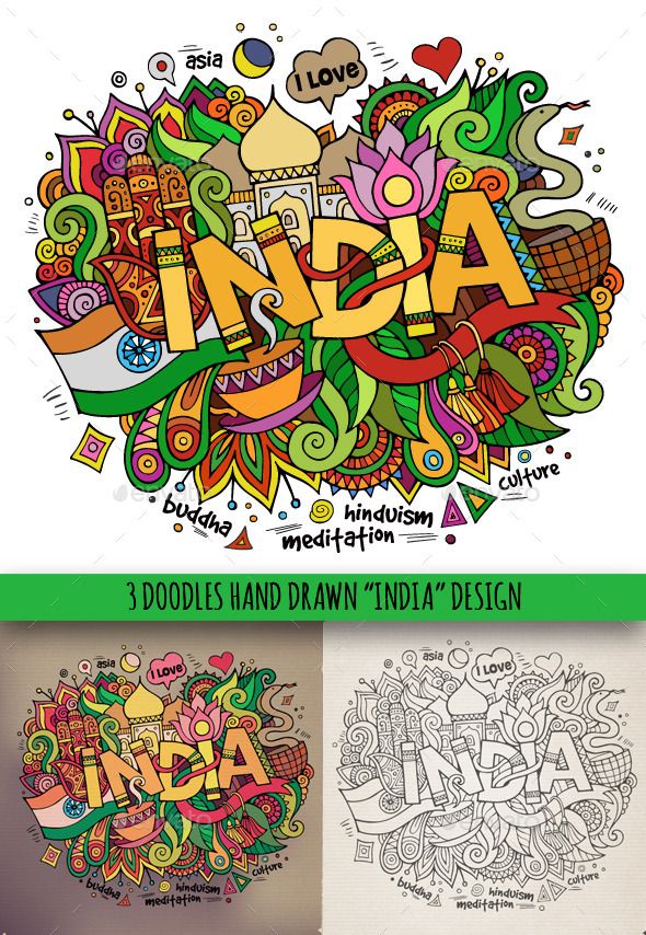 three doodles hand drawn india design with the word india written in different languages and colors