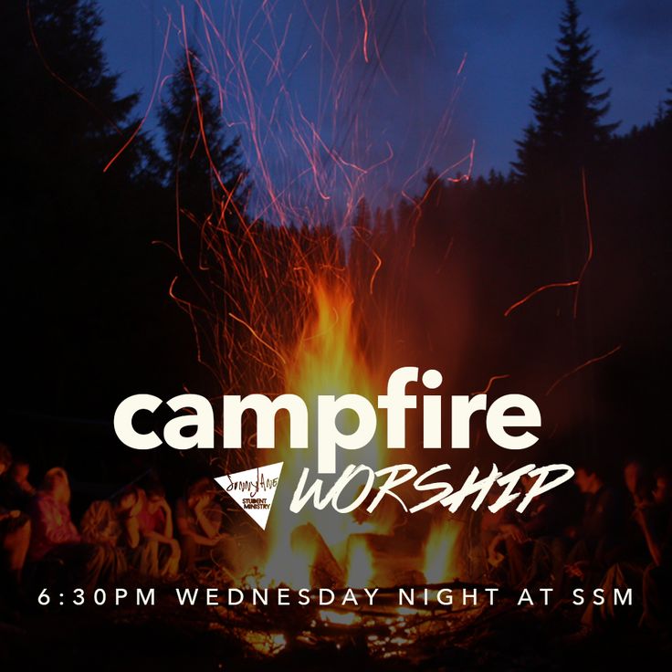 campfire worship flyer with fire in the middle and people sitting around it at night