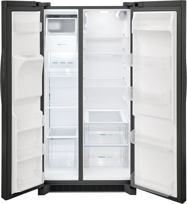 an open refrigerator with both doors and the freezer door opened to show it's contents