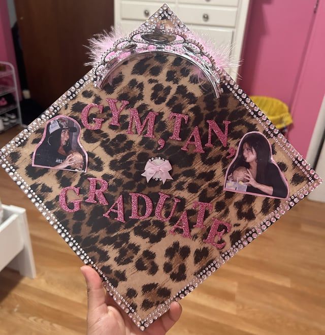 someone is holding up a graduation cap with pictures of the graduate and her name on it