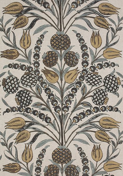 an intricately designed wallpaper with blue flowers and leaves