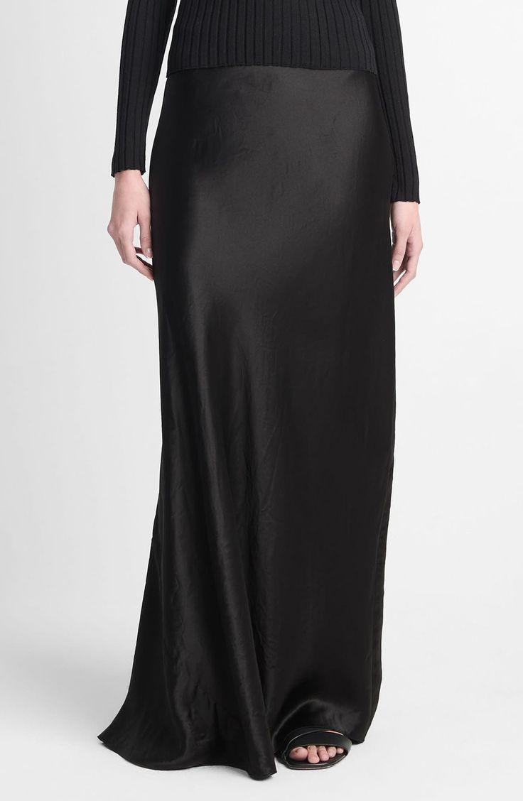 Elevate your ensemble in this drapey maxi skirt designed in a shimmery satin sheen. 41" center front length ( size Medium) Unlined 100% Acetate Hand wash, line dry Imported Satin Maxi Skirt, Satin Maxi, Maternity Shops, Designer Clothes For Men, Modern Outfits, Skirt Design, Women's Summer Fashion, Black Fits, Fashion Essentials