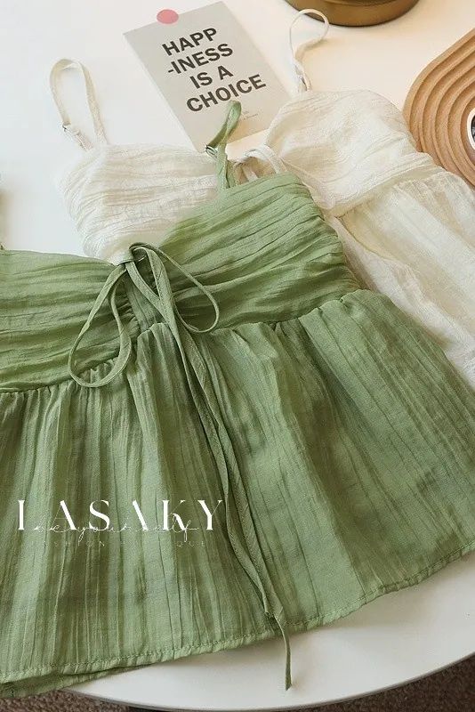 Lasaky - Chic Sleeveless Doll Dress with Elegant Back Tie Flowy Solid Color Sleeveless Sundress, Green Cotton Summer Sleeveless Dress, Green Cotton Sleeveless Summer Dress, Summer Green Tank Top, Cute Summer Sleeveless Tank Top, Green Sleeveless Dress For Summer Brunch, Cute Summer Dresses In Solid Color, Cute Solid Color Summer Dresses, Cute Beach Sleeveless Dress With Spaghetti Straps