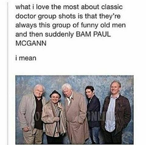 some people are standing next to each other in front of a blue background and the caption reads, what i love the most about classic doctor group shots that they're always