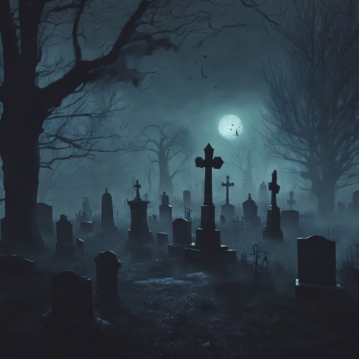 a cemetery at night with tombstones in the foreground and full moon in the background