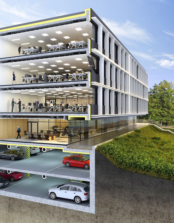 an artist's rendering of the inside of a building with cars parked in it