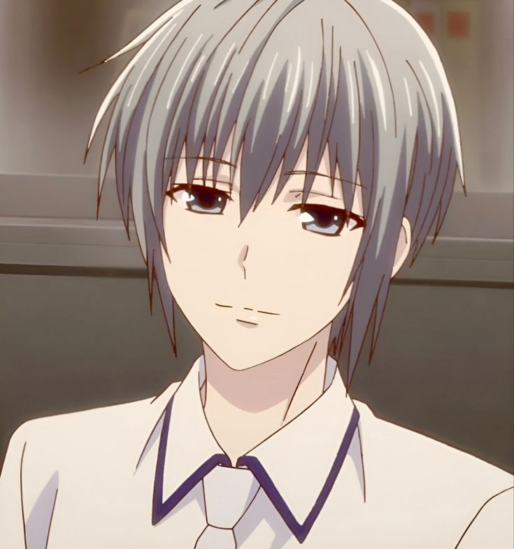 an anime character with grey hair wearing a white shirt and blue collared shirt looking at the camera