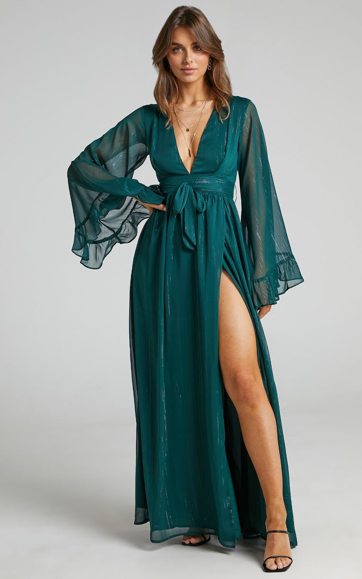 Dangerous Woman Maxi Dress in Emerald | Showpo USA Thigh Split Dress, Split Dress Thigh, Green Maxi, Woman Dress, Split Dress, Dangerous Woman, Maxi Dress Green, Women Maxi, Guest Outfit