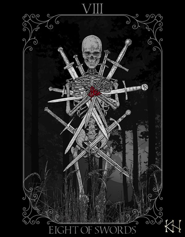 a skeleton holding swords in the middle of a forest