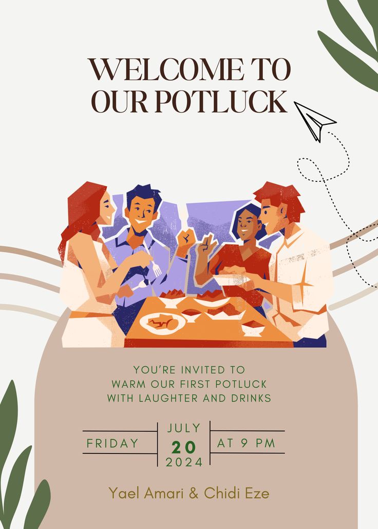 an image of a group of people sitting around a table with food on it and the words welcome to our potluck