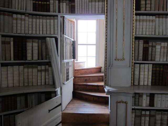 an open door leading to a set of stairs with bookshelves in the background