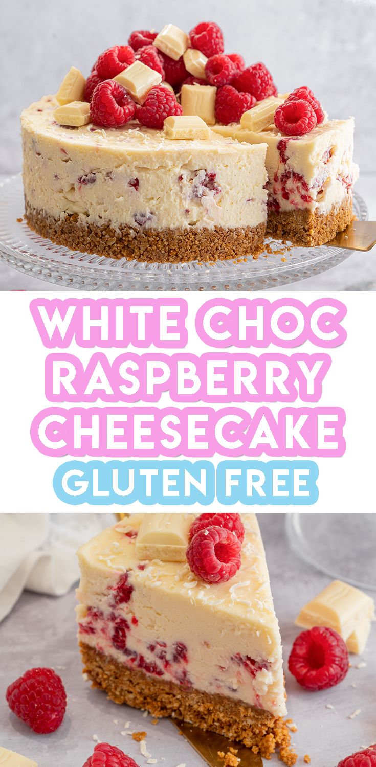 white choc raspberry cheesecake is shown with the words gluten free