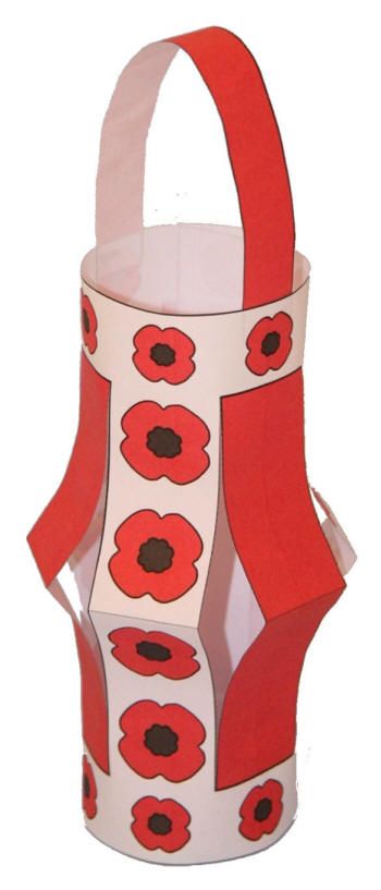 a red and white paper bag with poppies on the inside, cut out to look like an origami