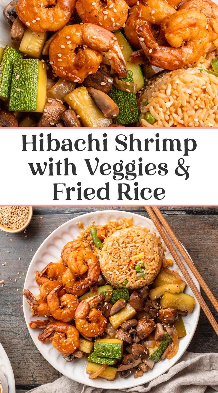 shrimp, vegetables and fried rice on a plate with chopsticks next to it