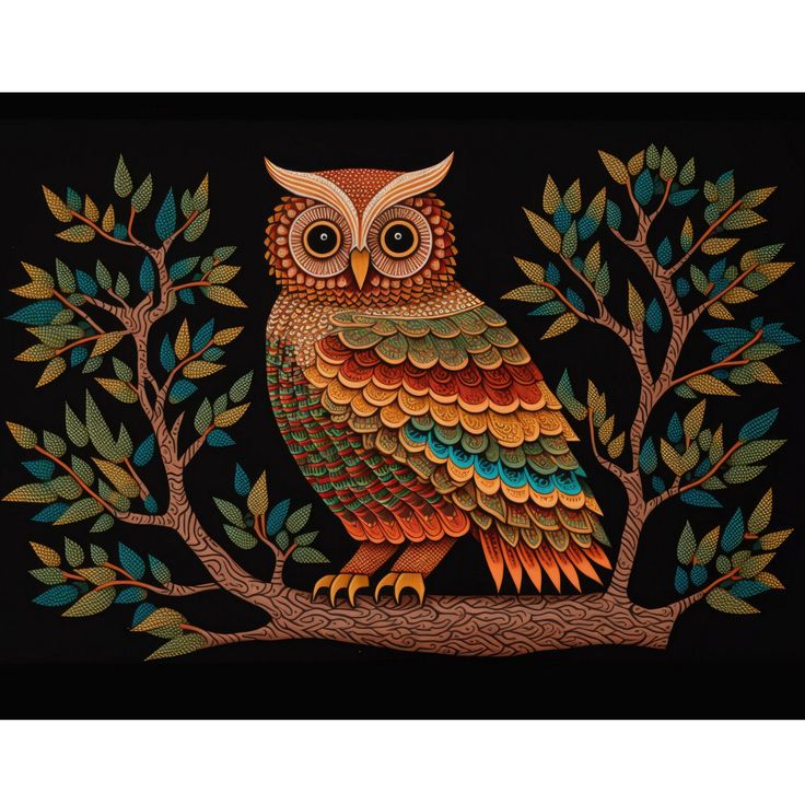 Gond style Folk Art Owl Poster Gond Painting Design, Gond Art Peacock, Gond Painting Folk Art, Gond Art Paintings, Vastu Painting, Planter Painting, Bluebird Painting, Worli Painting, Gond Art