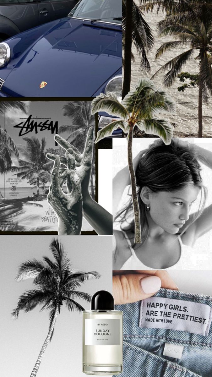 a collage of photos with palm trees, jeans and perfume bottles