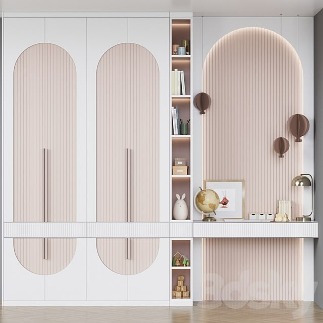 an empty room with white cupboards and pink striped wallpaper on the walls, along with bookshelves