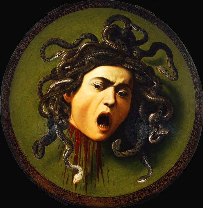 a painting of a woman with her mouth open and snakes around her head on a green plate