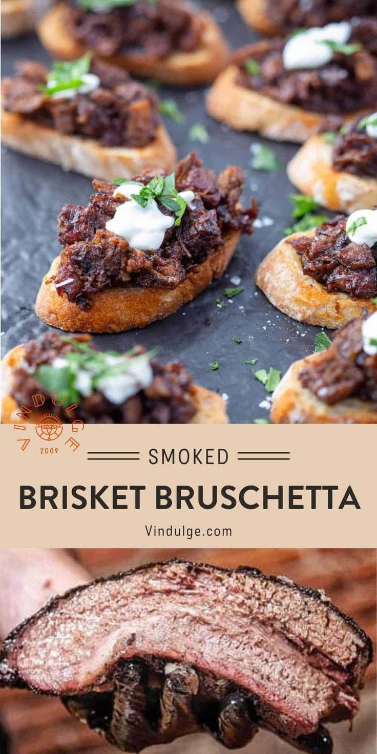 smoked brisket bruschetta with sour cream and parsley on the side