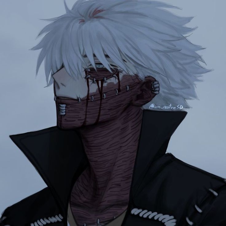 an anime character with white hair wearing a black jacket and red eyeliners on his face