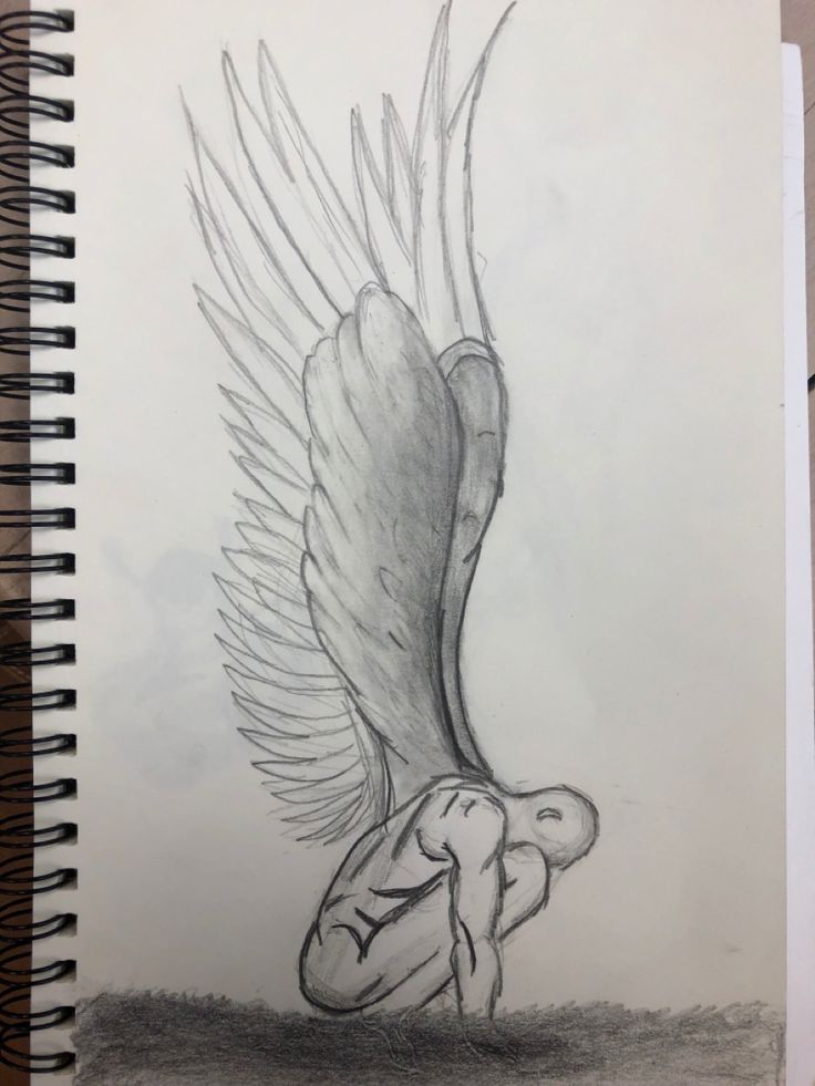 a pencil drawing of an angel's wing with its wings spread out and outstretched