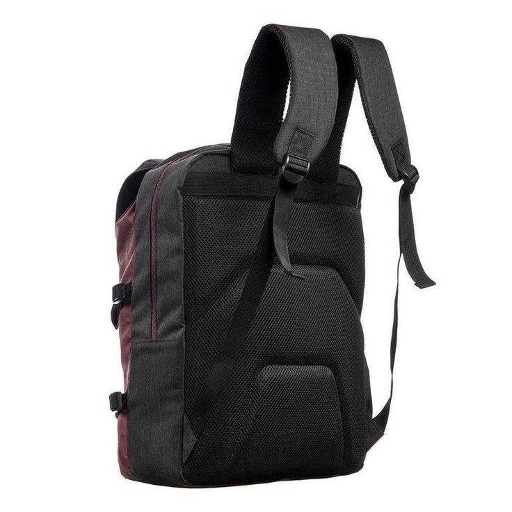 a black and red backpack on a white background