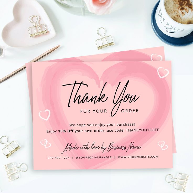 a pink thank card with a heart on it and the words, thank you for your order