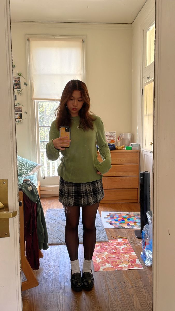 Green Checkered Skirt Outfit, Plaid Skirt And Loafers Outfit, Chequered Skirt Outfit, Plaid Skirt Tights Outfit, Plaid Green Skirt Outfit, Black And White Checkered Skirt Outfit, Green Loafers Outfit, Plaid Skirt With Tights, Green Tights Outfit