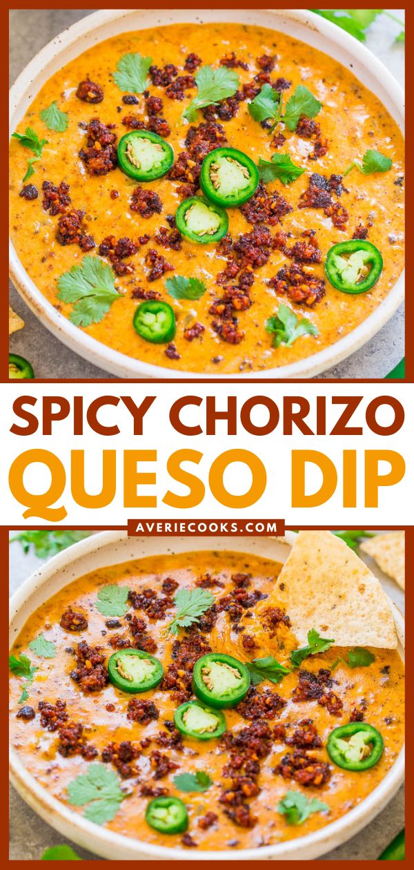 spicy chorizo queso dip in a bowl with tortilla chips and jalapenos