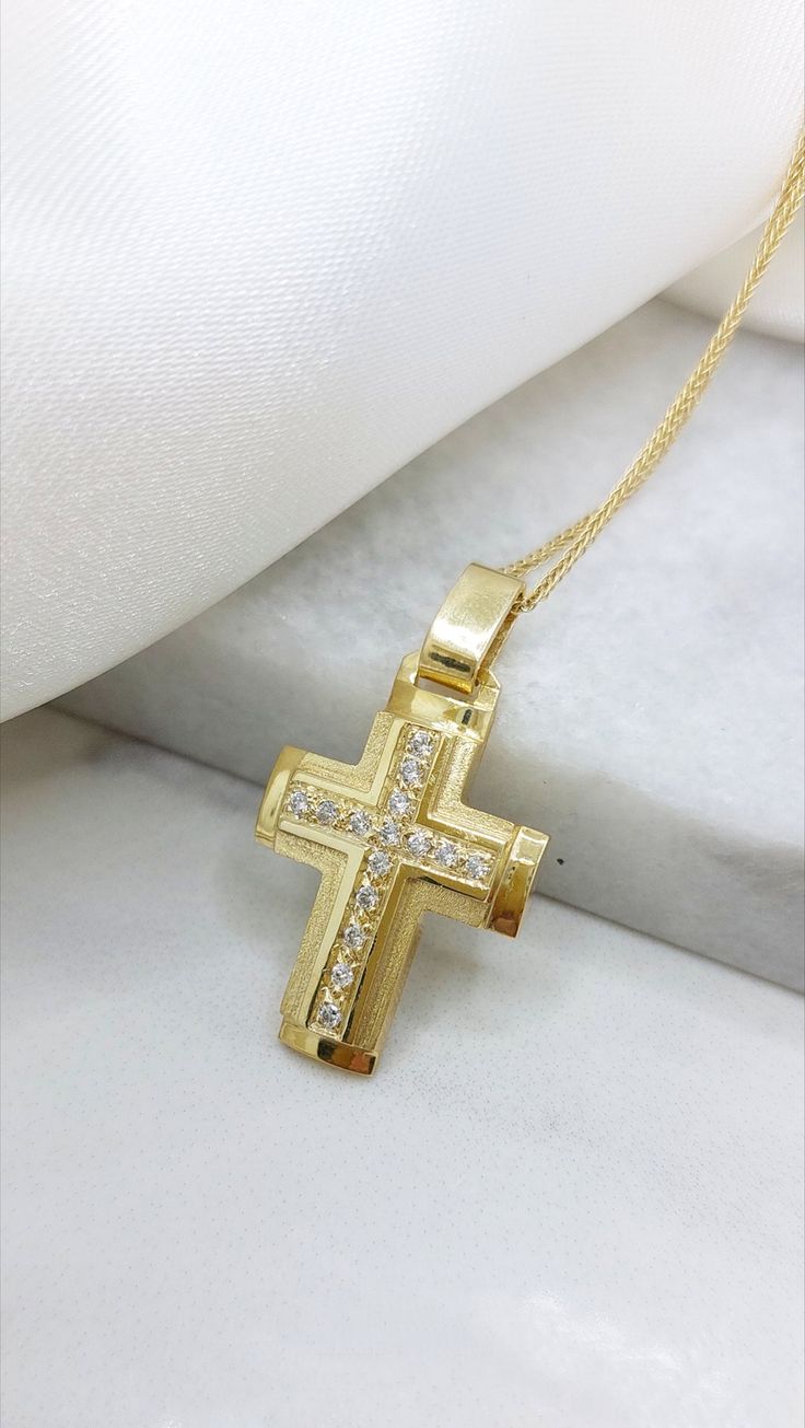 Solid orthodox baptism gold cross for baby girls from 14k or 18k Yellow Gold. A beautiful golden cross ideal for your girl's baptism. Women's cross with matte finish at the base  and formation in the center a cross with the use of zircon. -if you want to place diamonds you can let us know and we will let you know about the process and the final cost -- Α cross that will accompany her throughout the life and  will be a symbol of love and protection. Α wonderful baptismal cross for baby girls and Golden Cross, Gold Cross Necklace, Baptism Girl, Gold Cross, Love Symbols, Gold Style, Unique Pieces, Cross Necklace