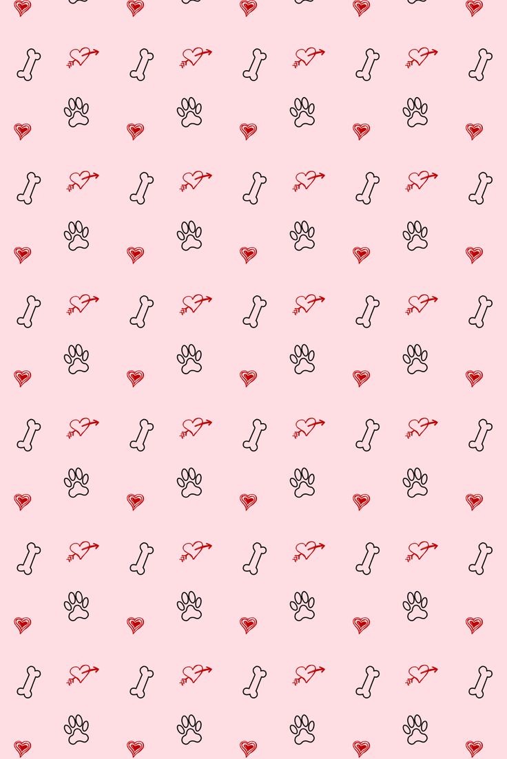 a pink background with hearts and paw prints