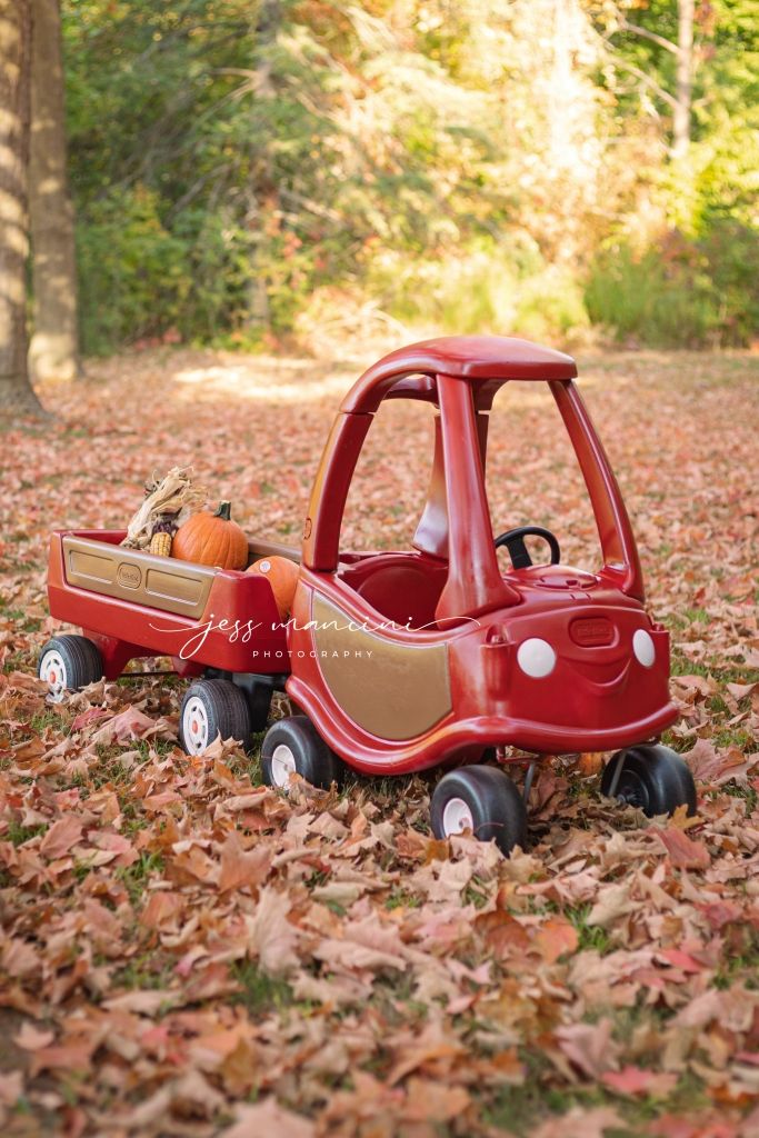 a red toy car with pumpkins in the back and leaves on the ground around it