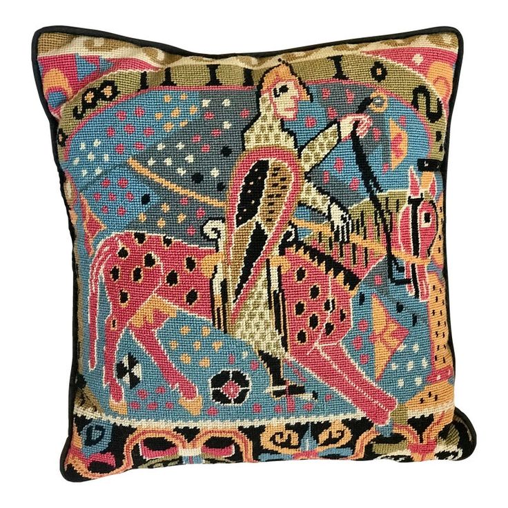 A needlepoint design pillow depicting a scene inspired by the Bayeux Tapestry. Needlepoint Pillow Kits, Bayeux Tapestry, Needlepoint Pillow, Needlepoint Designs, Design Pillow, Needlepoint Pillows, Designer Pillow, Early 20th Century, Needlepoint