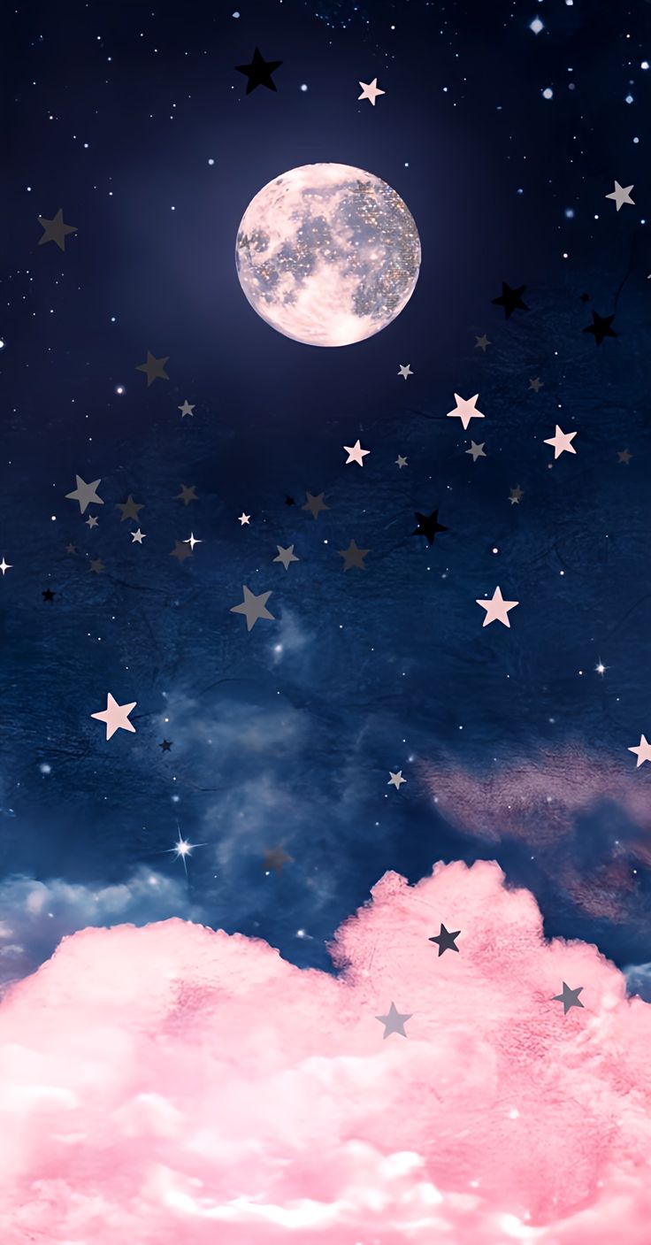 the sky is full of stars and clouds with a moon in the distance above it