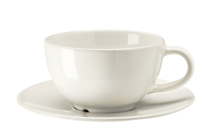 a white coffee cup and saucer on a plate