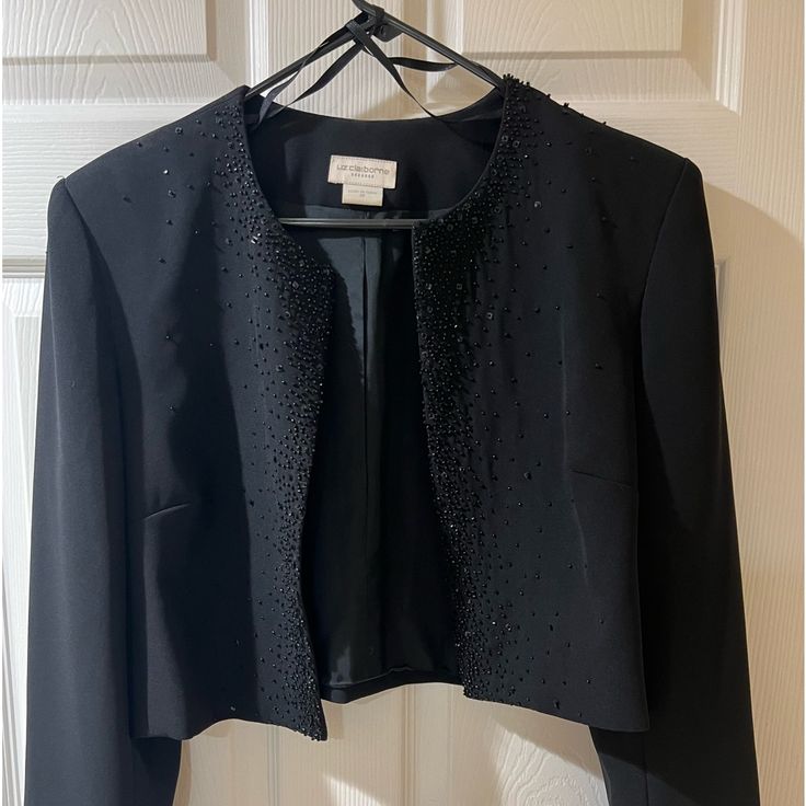 Black Beaded Lux Short Bolero Style Jacket Fitted Beaded Evening Outerwear, Black Beaded Outerwear For Spring, Spring Black Beaded Outerwear, Beaded Fitted Outerwear For Night Out, Beaded Bolero, Cute Church Outfits, Bolero Style, Green Jacket Women, Lightweight Denim Jacket