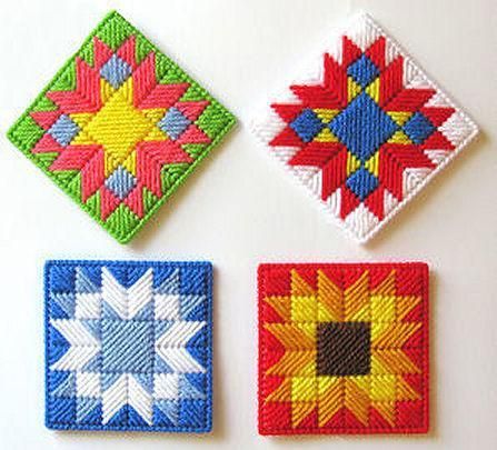 three different colored squares are shown on the screen, and one is made out of woven material