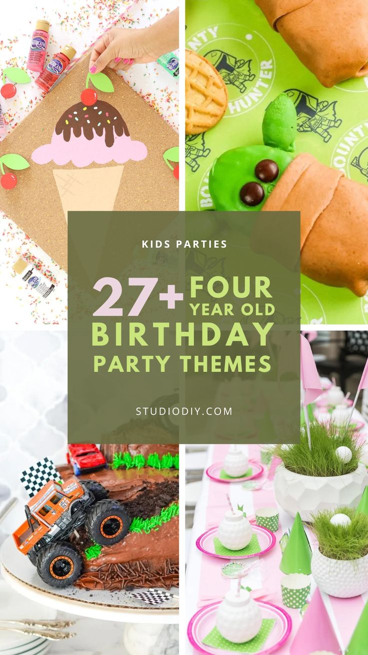 birthday party themes for kids with green and pink decorations, including cake, cupcakes,