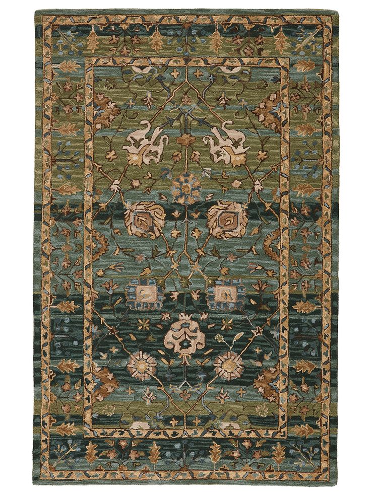 The hand-tufted Cardamom collection boasts vivid jewel tones and uniquely distressed Turkish motifs, crafted to emulate traditional sun-faded, vintage designs. The Ahava rug showcases an open, floral medallion motif in a verdant palette of green, tan, and blue. Inspired by the artistic imperfection of dye-lot changes in perfectly aged wool textiles, the looped pile of this rug features tonal colorway depth and textural dimension. | Jaipur Living Cardamom Ahava Green 9' x 12' Rug | Mathis Home Art Deco Color Scheme, Hippie Rug, Turkish Motifs, Art Deco Color, Vibrant Rugs, Jaipur Living, Rug Direct, Blue Area Rug, Green Beige