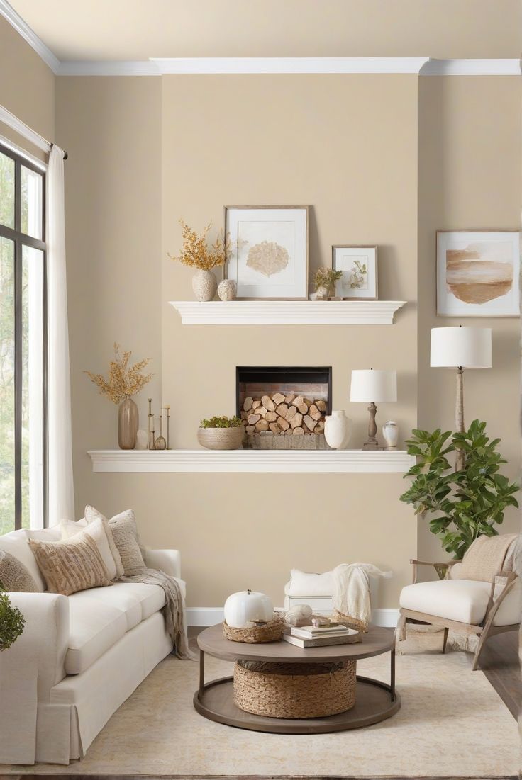 a living room filled with furniture and a fire place in the middle of a room