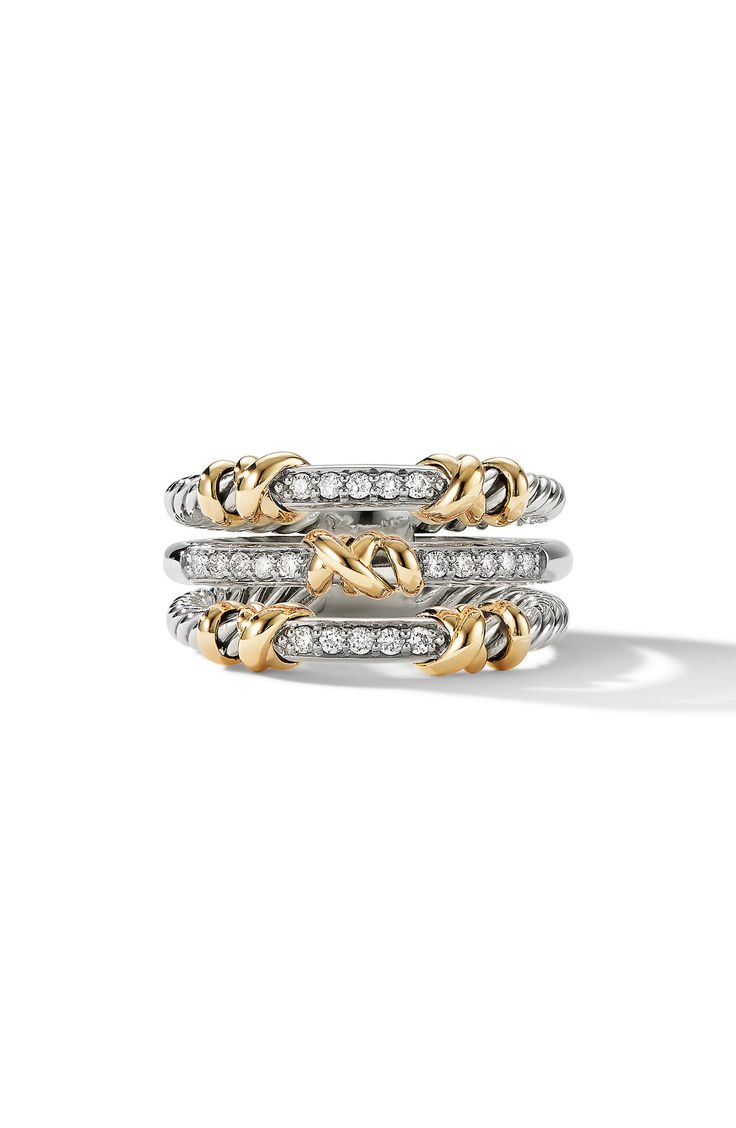 Sterling silver with 18-karat yellow gold. Pavé diamonds, .21 total carat weight. Ring, 12mm. Imported. 1/2" band width Diamond Guide David Yurman Ring, Silver Bracelets For Women, Cable Bracelets, David Yurman Jewelry, Luxury Rings, Jewelry Inspo, David Yurman, Cute Jewelry, Pave Diamonds