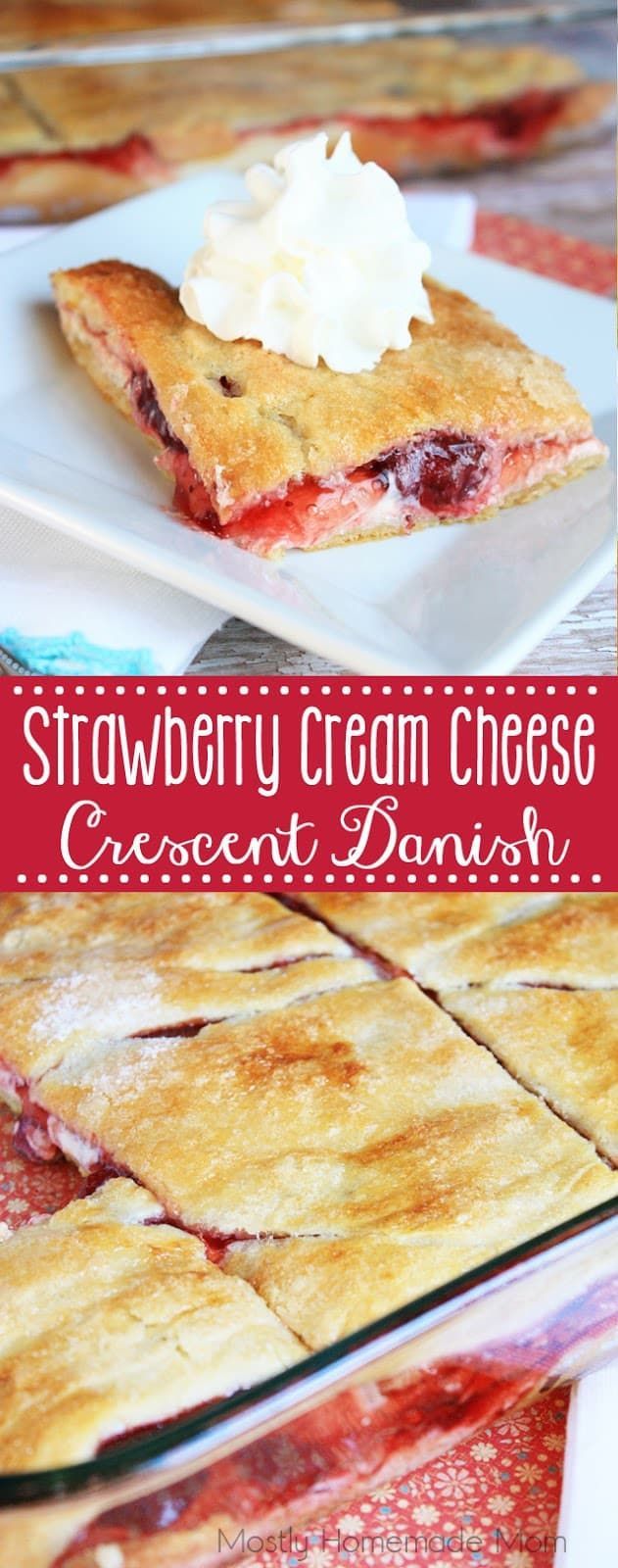 strawberry cream cheese crepe dessert recipe on a white plate with red and pink napkins